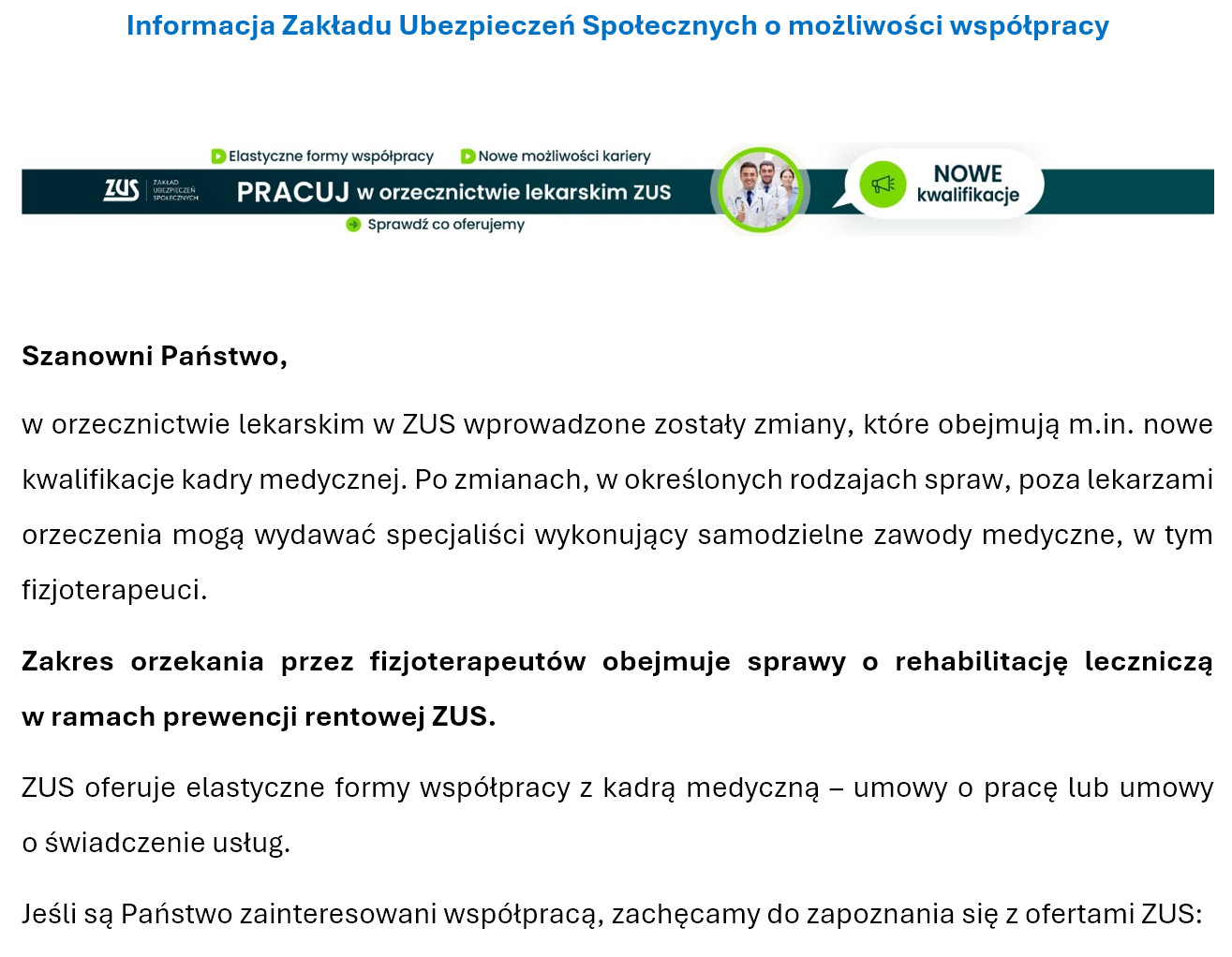 Nowe możliwości dla fizjoterapeutów w ZUS